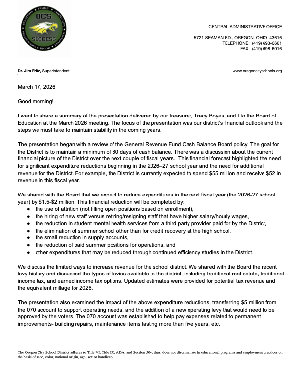 Picture of letter, full text in body news post below and in linked attachment